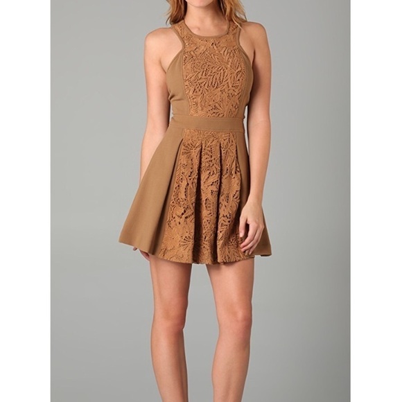 NWT~TIBI Women 100% Virgin Wool Silk Camel Venice Lace Party Short Dress Size 2 - Picture 1 of 8